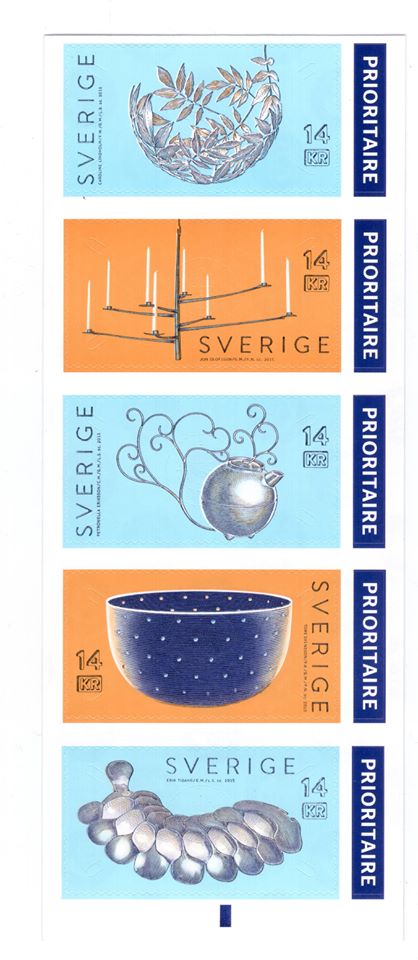 Frimärkena i serien "Järn möter silver" Med föremål av bland annat Petronella Eriksson och Erik Tidäng.